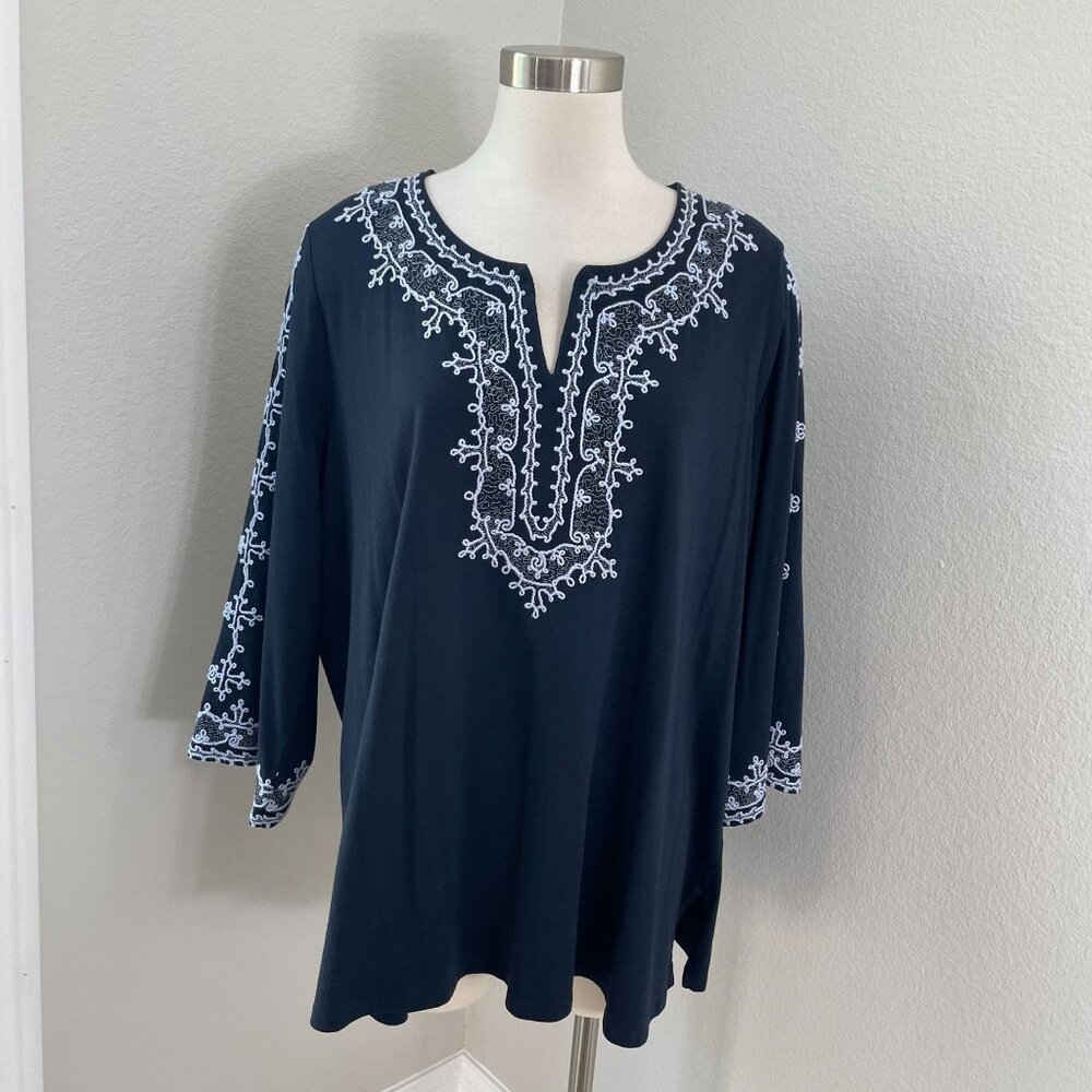 J Jill Womens Plus 2X Navy Embroidered Tunic Top Cotton Tencel Blend 3/4 Sleeve